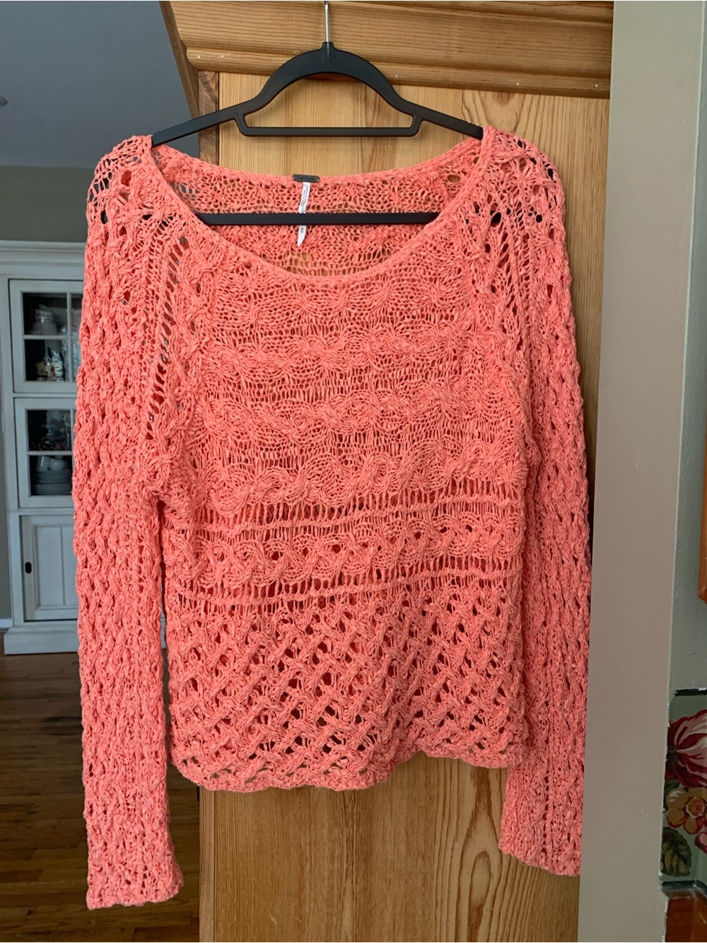 Free People Coral Open-Weave Crewneck Sweater